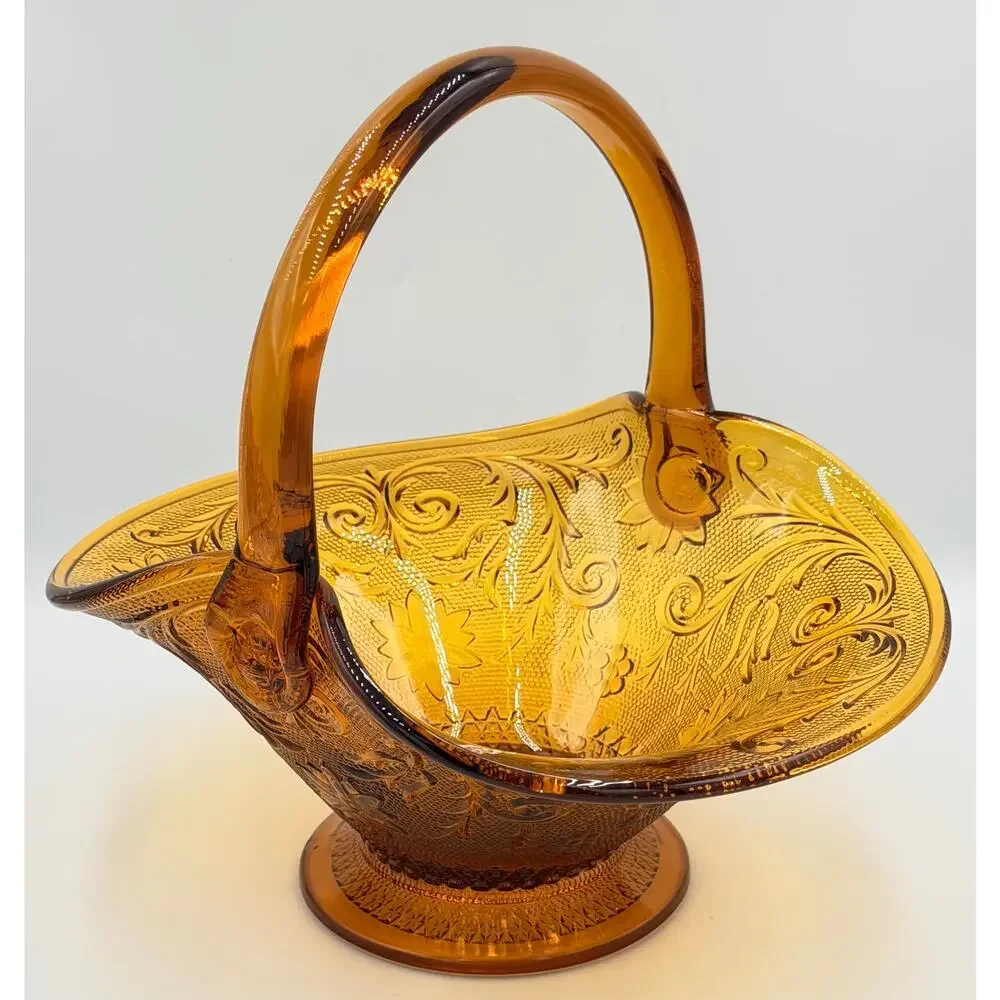 Brockway Indiana Glass Large Tiara Amber Sandwich Handled Basket Signed J.T.